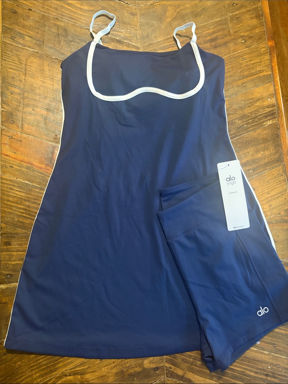 ALO Yoga Navy One-Piece Swim Dress with White Trim